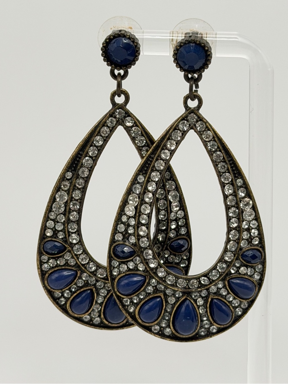Antiqued Teardrop Crystal Earrings with Navy Accents